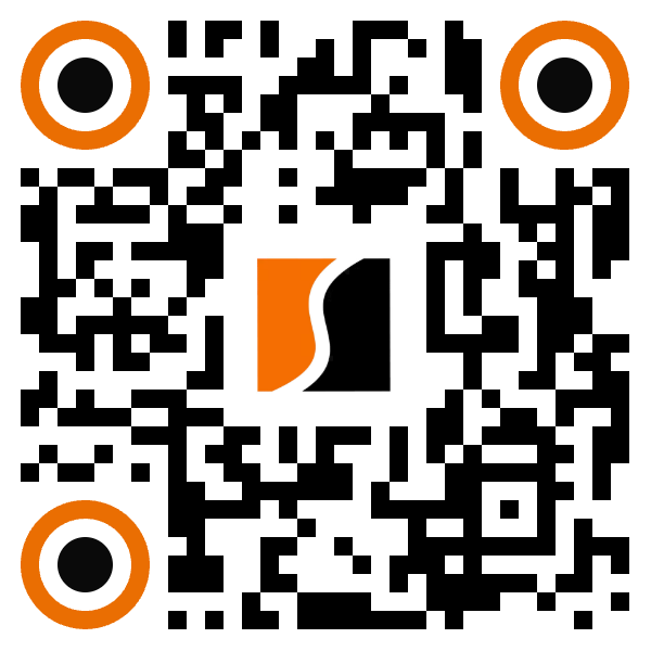 Slide Arts Website Design Square branded QR with orange finder rings and center logo